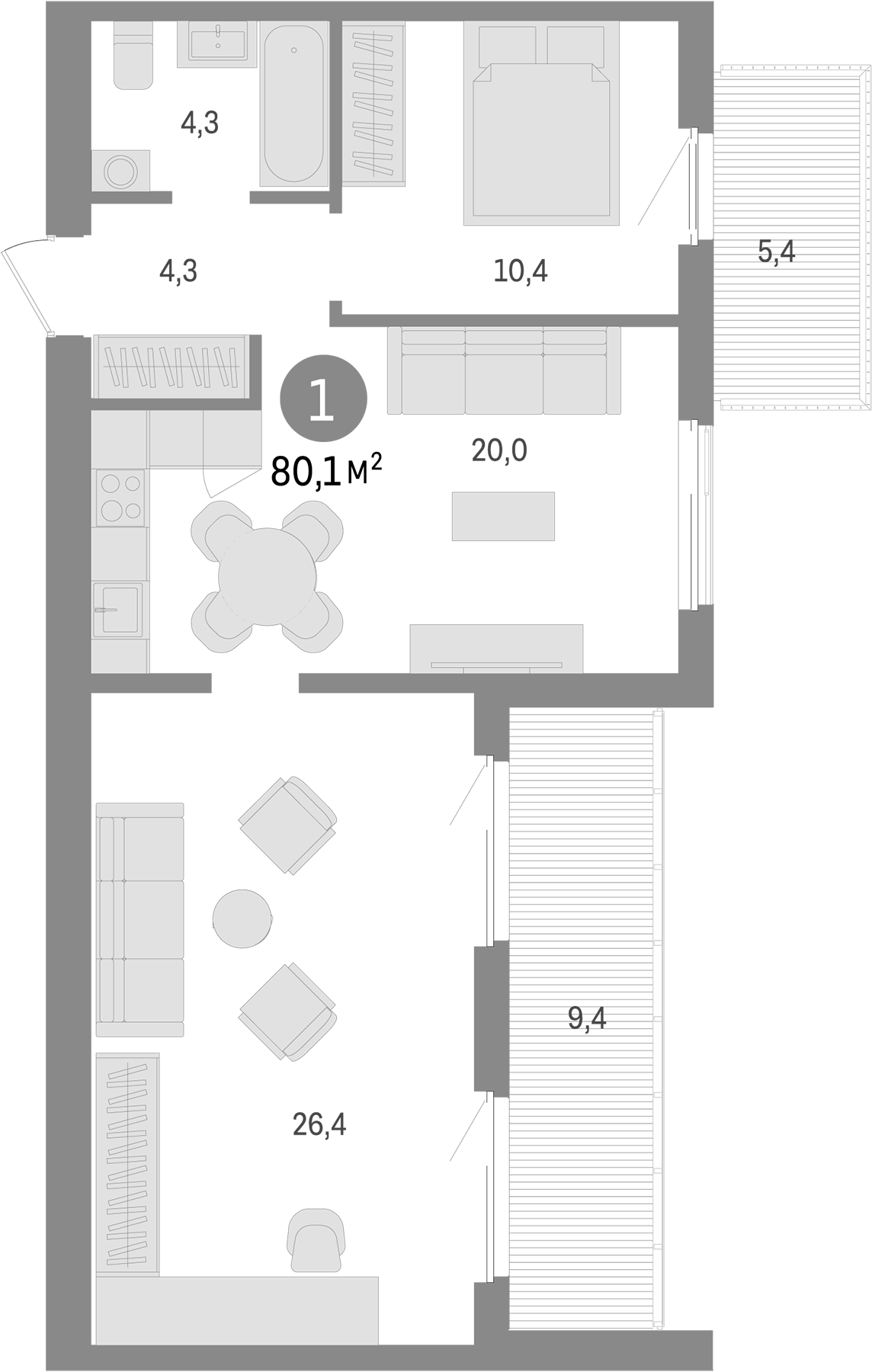 Планировка — Пшеница, 3-комн., 65 м²