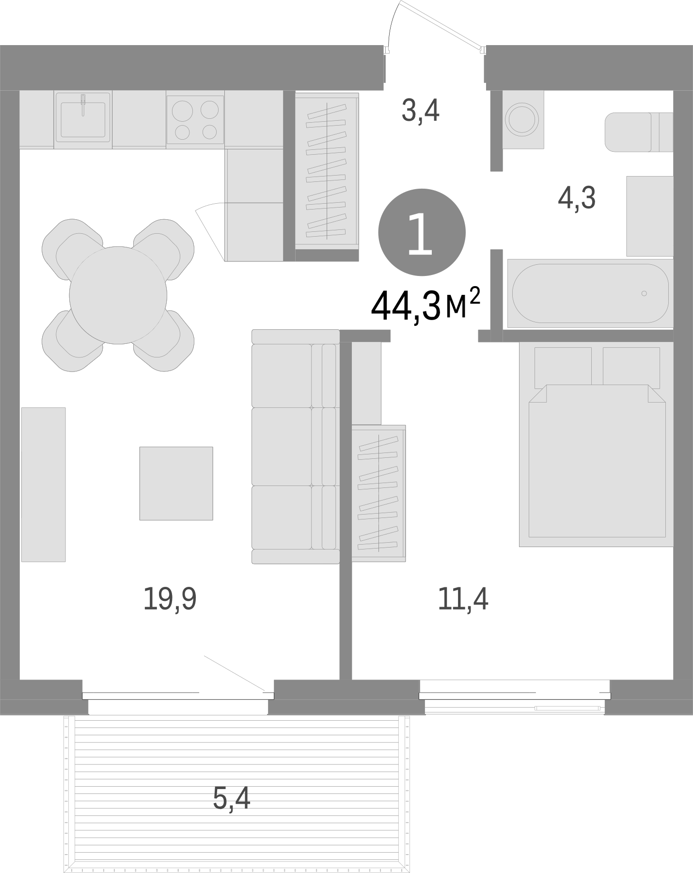 Планировка — Пшеница, 2-комн., 39 м²