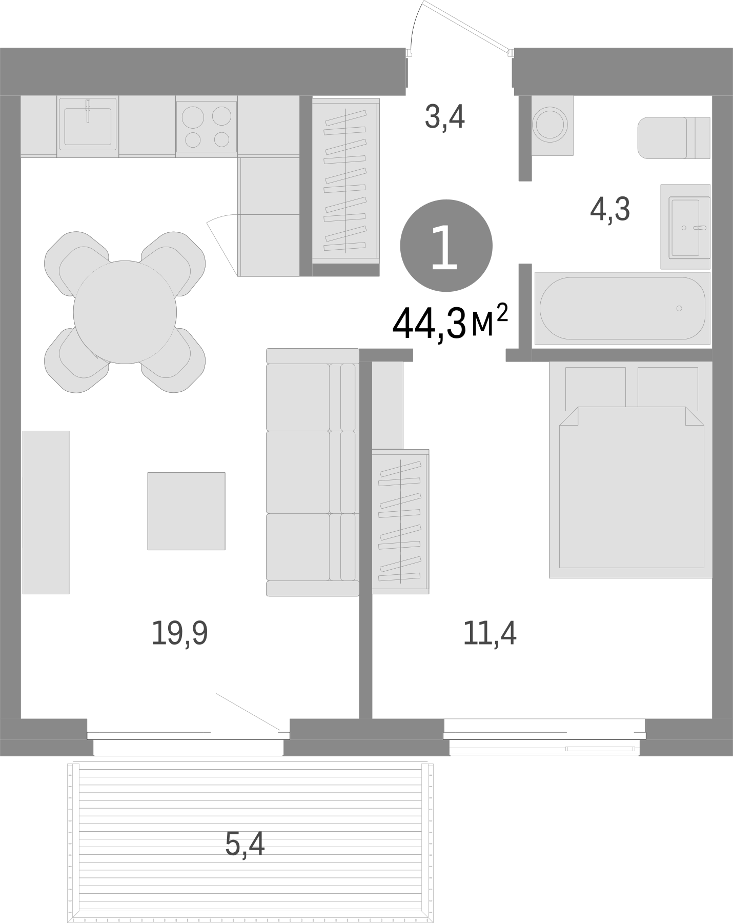 Планировка — Пшеница, 2-комн., 39 м²