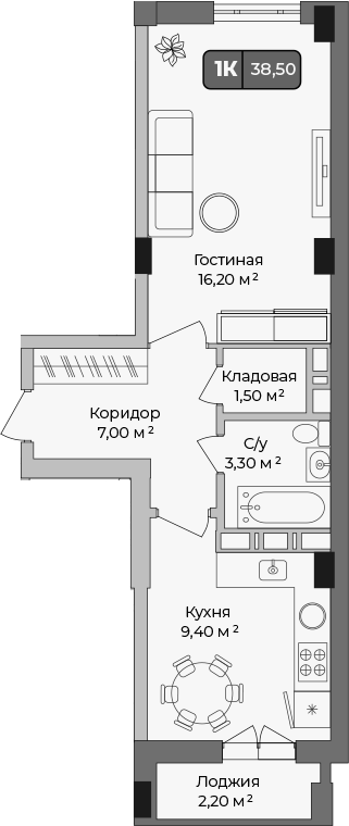 Планировка — Опера, 1-комн., 37 м²