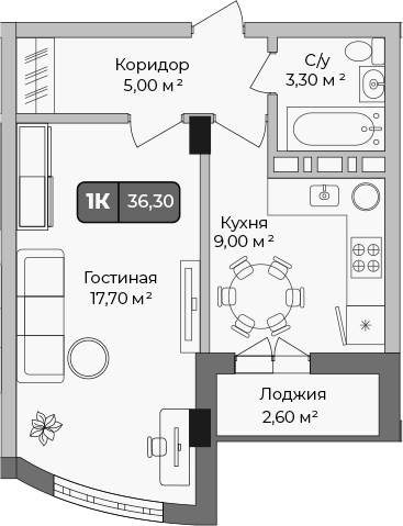 Планировка — Опера, 1-комн., 35 м²