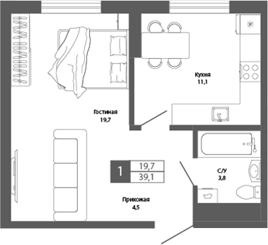 Планировка — Шория-Град. Шерегеш, 1-комн., 39 м²