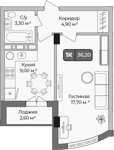 Планировка — Опера, 1-комн., 35 м²