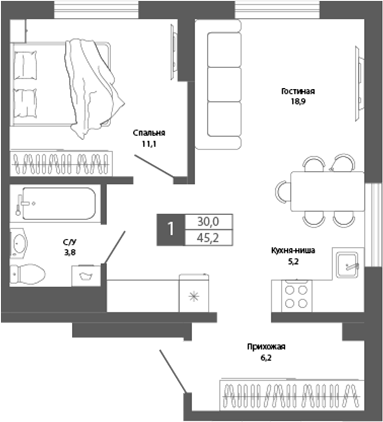 Планировка — Шория-Град. Шерегеш, 2-комн., 45 м²