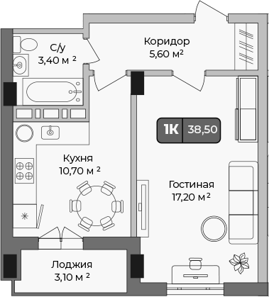 Планировка — Опера, 1-комн., 37 м²