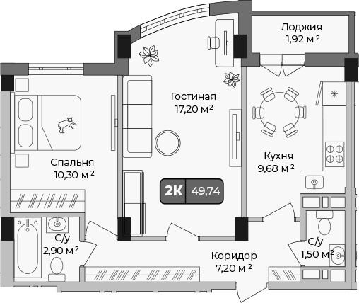 Планировка — Опера, 2-комн., 49 м²