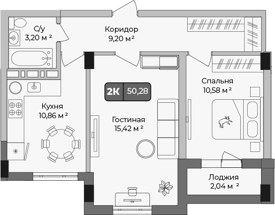 Планировка — Опера, 2-комн., 49 м²