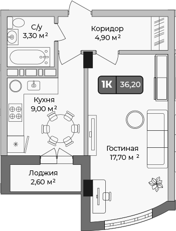 Планировка — Опера, 1-комн., 35 м²