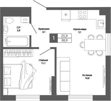 Планировка — Шория-Град. Шерегеш, 2-комн., 39 м²