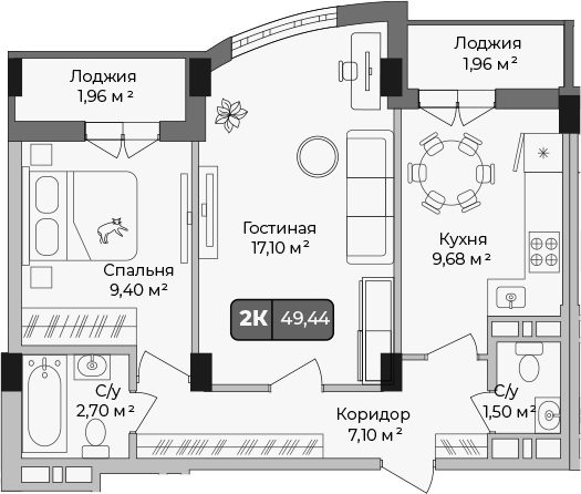 Планировка — Опера, 2-комн., 47 м²