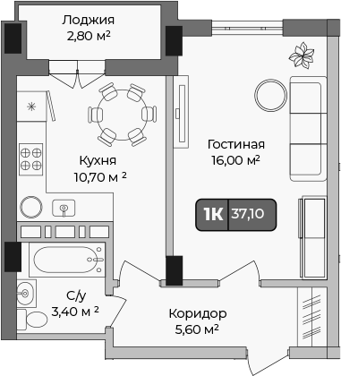 Планировка — Опера, 1-комн., 36 м²