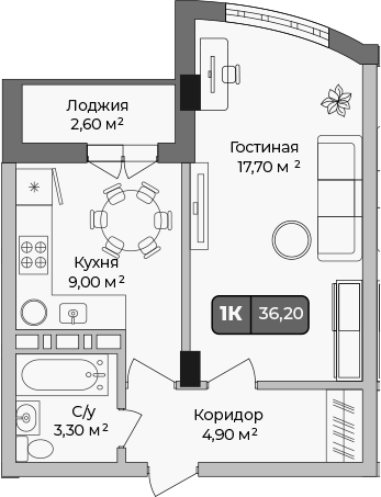 Планировка — Опера, 1-комн., 35 м²