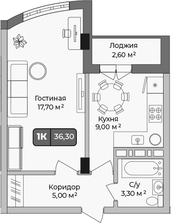 Планировка — Опера, 1-комн., 35 м²