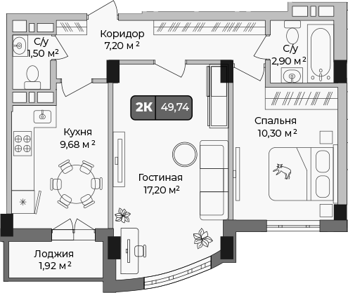 Планировка — Опера, 2-комн., 49 м²