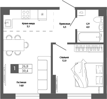 Планировка — Шория-Град. Шерегеш, 2-комн., 39 м²