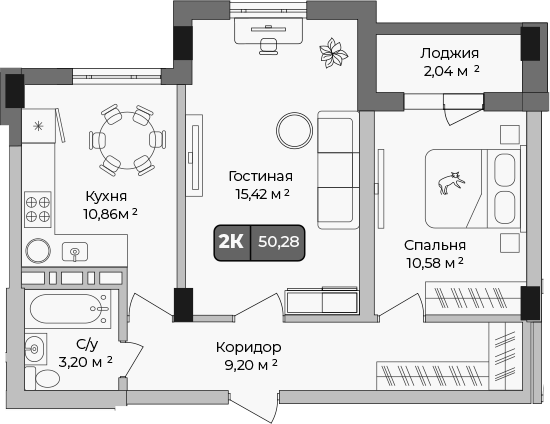 Планировка — Опера, 2-комн., 49 м²