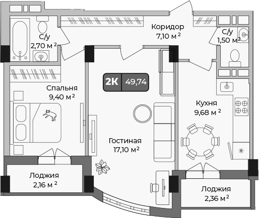 Планировка — Опера, 2-комн., 47 м²