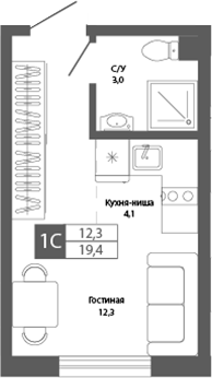 Планировка — Шория-Град. Шерегеш, Студия, 19 м²