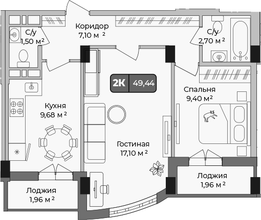 Планировка — Опера, 2-комн., 47 м²