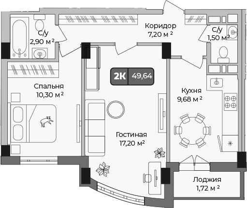 Планировка — Опера, 2-комн., 49 м²