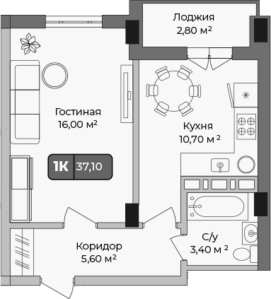 Планировка — Опера, 1-комн., 36 м²