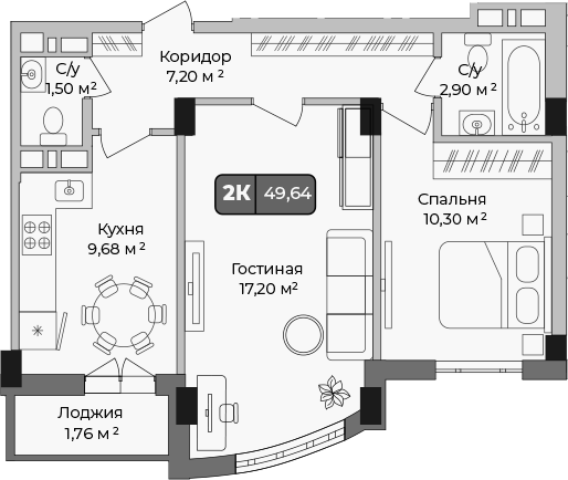 Планировка — Опера, 2-комн., 49 м²