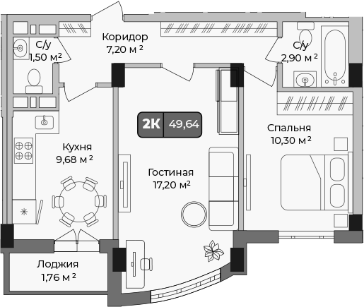 Планировка — Опера, 2-комн., 49 м²