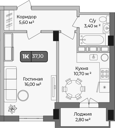 Планировка — Опера, 1-комн., 36 м²
