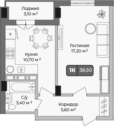 Планировка — Опера, 1-комн., 37 м²