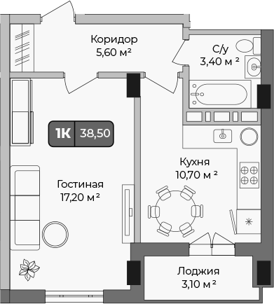 Планировка — Опера, 1-комн., 37 м²