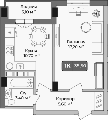 Планировка — Опера, 1-комн., 37 м²