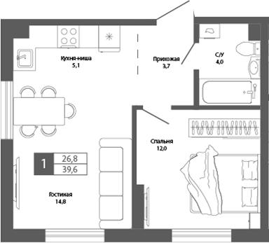 Планировка — Шория-Град. Шерегеш, 2-комн., 40 м²