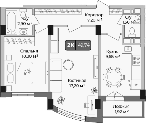 Планировка — Опера, 2-комн., 49 м²