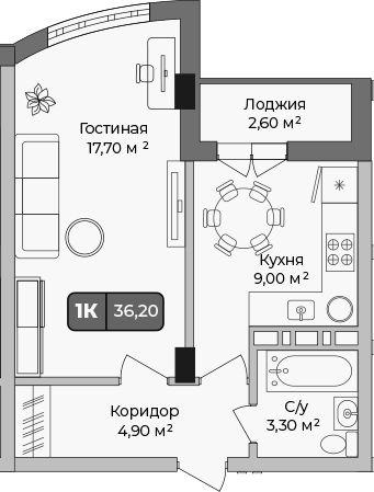 Планировка — Опера, 1-комн., 35 м²