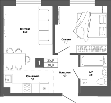 Планировка — Шория-Град. Шерегеш, 2-комн., 39 м²
