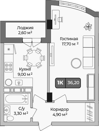 Планировка — Опера, 1-комн., 35 м²