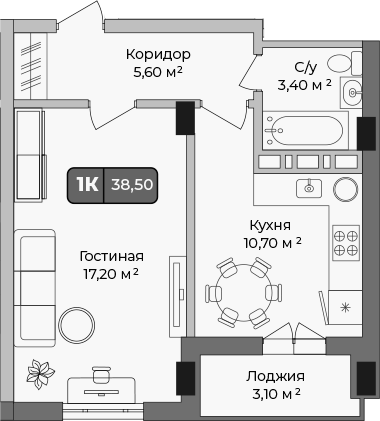 Планировка — Опера, 1-комн., 37 м²