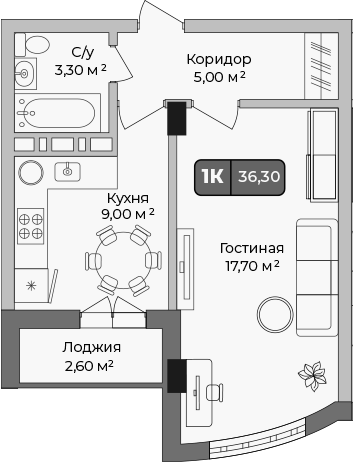 Планировка — Опера, 1-комн., 35 м²