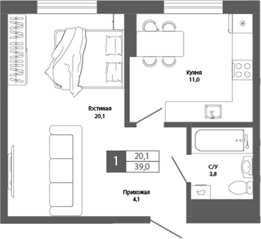 Планировка — Шория-Град. Шерегеш, 1-комн., 39 м²
