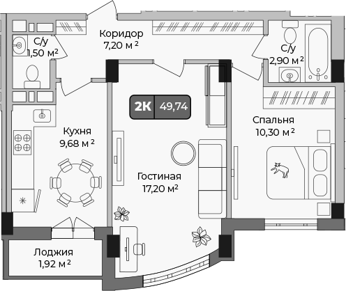 Планировка — Опера, 2-комн., 49 м²