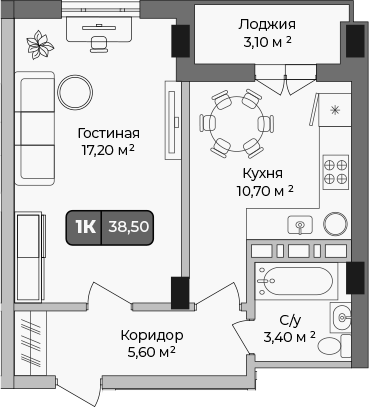 Планировка — Опера, 1-комн., 37 м²