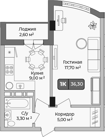 Планировка — Опера, 1-комн., 35 м²