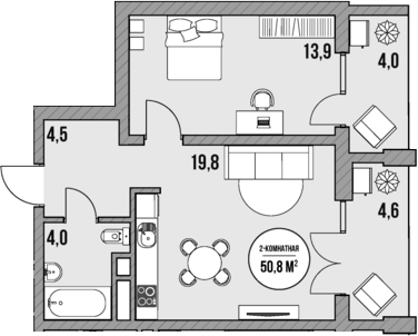 Планировка — МореТут, 1-комн., 42 м²