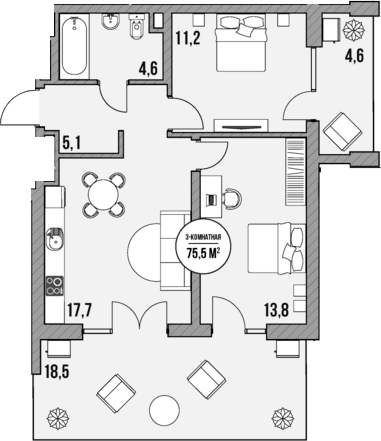 Планировка — МореТут, 2-комн., 52 м²