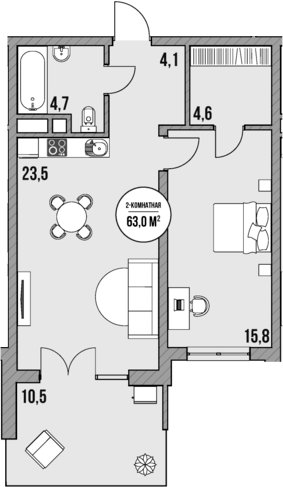 Планировка — МореТут, 1-комн., 53 м²