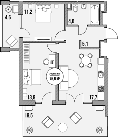 Планировка — МореТут, 2-комн., 52 м²