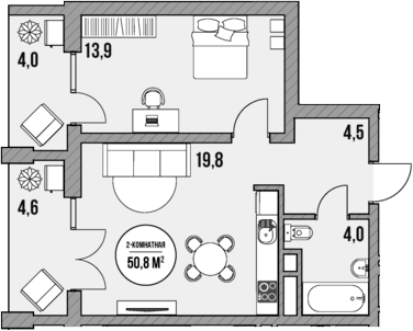 Планировка — МореТут, 1-комн., 42 м²