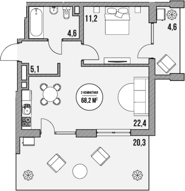 Планировка — МореТут, 1-комн., 43 м²