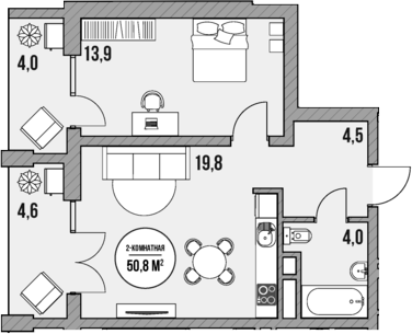 Планировка — МореТут, 1-комн., 42 м²