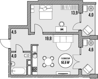Планировка — МореТут, 1-комн., 42 м²